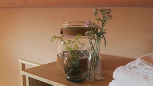 不同尺寸和形状的玻璃瓶 有新鲜的野花在室内木架上 — 图库视频影像