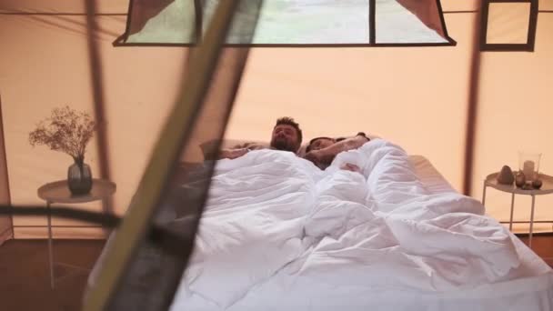 Young Dark Haired Biracial Woman Bearded Husband Waking Bed Glamping — Stock video