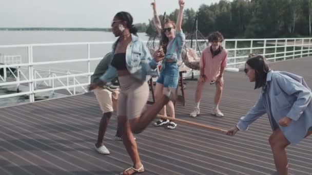 湖の桟橋でパーティーをしている若い友人の中長期 垂直バーで遊んで ジャンプ 笑いと暑い夏の日にハイファイ — ストック動画