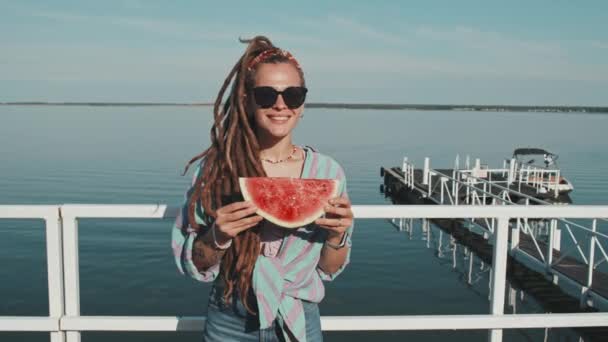 Medium Portrait Young Caucasian Woman Holding Piece Fresh Watermelon Standing — Video Stock