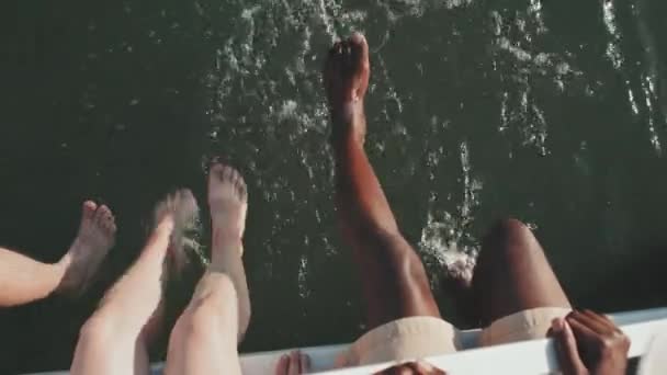 Top View Cropped Young People Sitting Edge Pier Sea Getting — Vídeo de stock