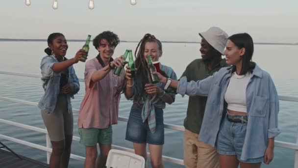 真夏の夜 湖の桟橋に立って笑って ビールボトルをクリックして5つの多様な本物の若い友人の中長期 — ストック動画