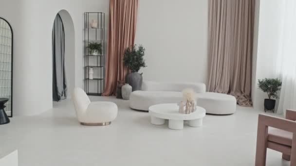 View Living Room White Designer Couch Armchair Coffee Table Vases — Vídeo de Stock