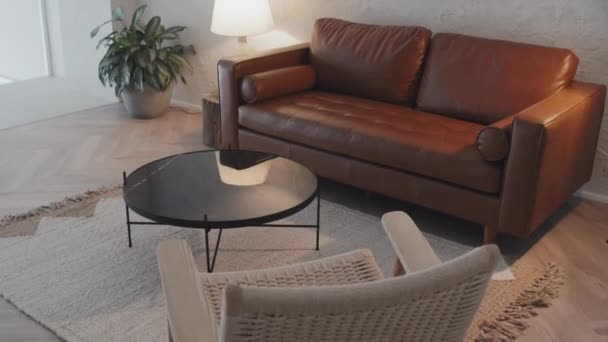 View Living Room Brown Leather Couch Carpet Coffee Table Lamp — 비디오
