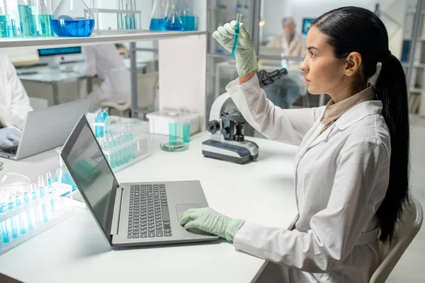 Young Serious Female Lab Worker Whitecoat Sitting Workplace Front Laptop — Stok fotoğraf