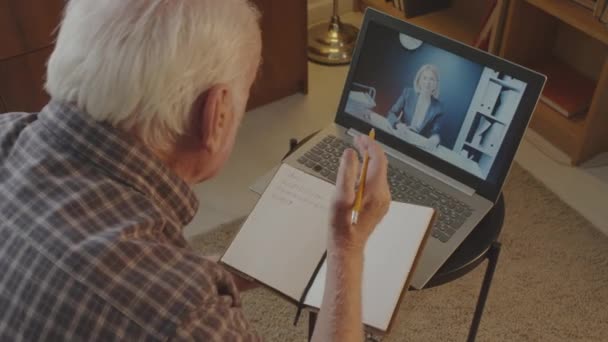 Shoulder Senior Man Sitting His Bedroom Daytime Video Calling Caucasian — Video Stock