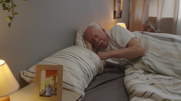 Aged Caucasian Man Mustache Waking Alone His Bed Moving Hand — Video Stock
