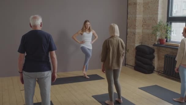Young Blond Haired Female Yoga Instructor Showing Leg Warming Exercise — Video