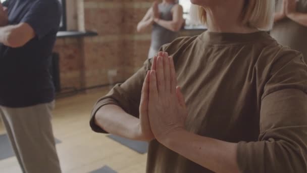 Tilting White Haired Caucasian Woman Meditating Holding Palms Together Namaste — Stockvideo
