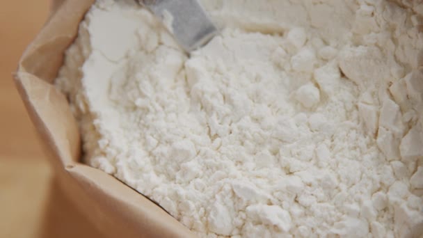 Close Tracking Shot Wheat Flour Paper Bag Kitchen Table — Stockvideo