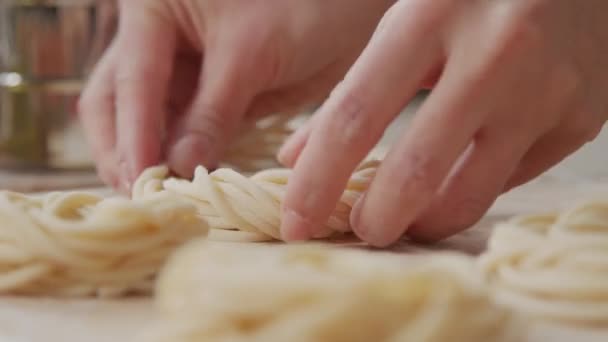 Close Shot Female Hands Making Fresh Homemade Pasta Nests While — Stockvideo