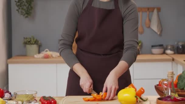 Tilt Shot Female Culinary Blogger Cutting Bell Pepper Speaking Camera — Stockvideo