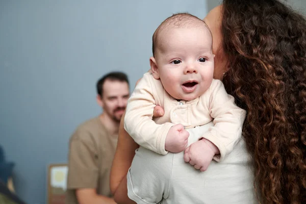 Happy Adorable Baby Boy White Romper Suit Hands His Mother — Φωτογραφία Αρχείου