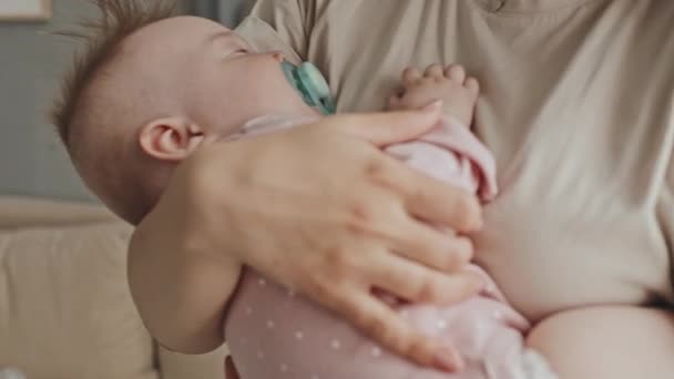 Midsection Cropped Woman Rocking Cute Sleepy Baby Home Afternoon Infant — Stockvideo