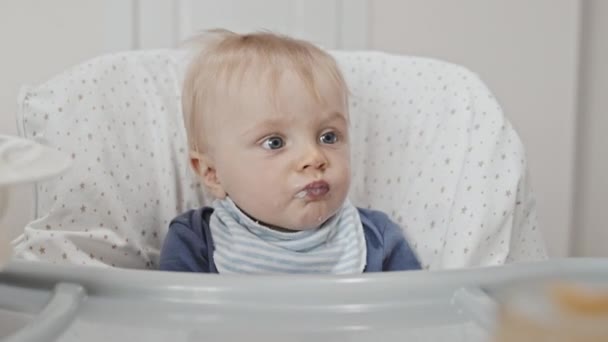 Chest Cute Blue Eyed Toddler Boy Blue Clothes Sitting High — Vídeo de stock