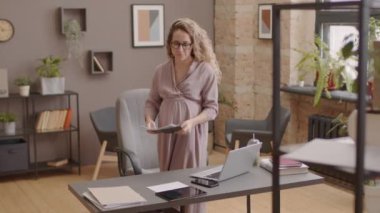 Medium of young long-haired Caucasian pregnant accountant standing by desk in modern office at daytime, looking through business papers