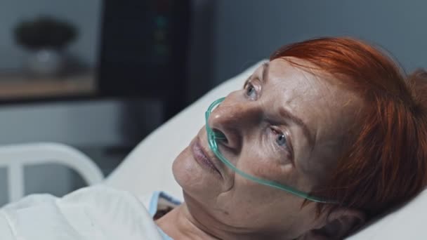 Side View Close Mature Paralyzed Caucasian Woman Oxygen Tube Nose — Video