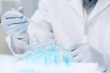 Gloved hands of male scientist in whitecoat holding pipette over one of flasks containing blue liquid during scientific experiment