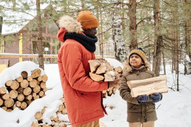 Young African American man and his son in winterwear holding dry firewood from woodpile prepared for heating of country house