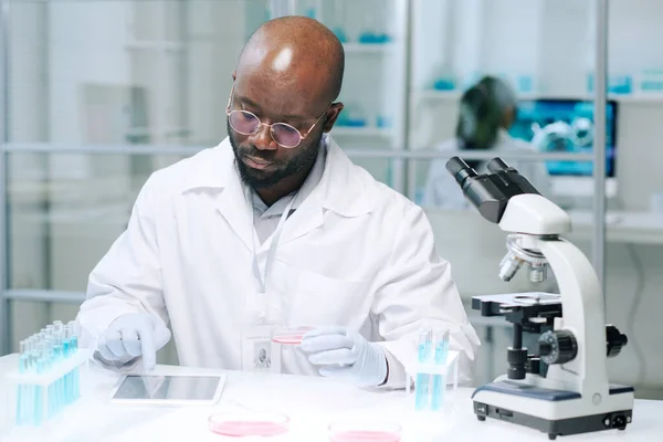 Homme Scientifique Afro Américain Assis Par Lieu Travail Laboratoire Faisant — Photo