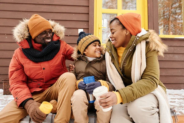Cute Happy Boy Winterwear Sitting His Parents Porch Family Country — Stockfoto