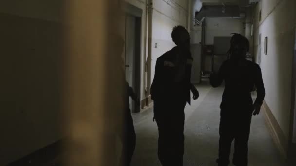 Pov Three Zombies Walking Hallway Invisible Victim Who Hiding Old — Video Stock
