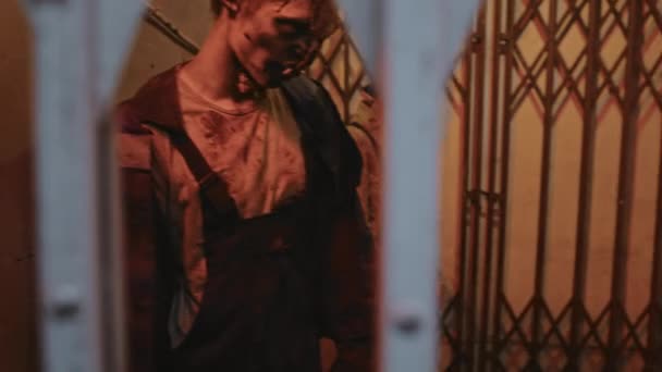 Pov Three Zombies Stuck Metal Gate Old Elevator Creepy Building — Video Stock