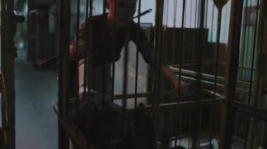 Military woman with shaved head dragging away creepy zombies in cage on wheels in dark basement of industrial building
