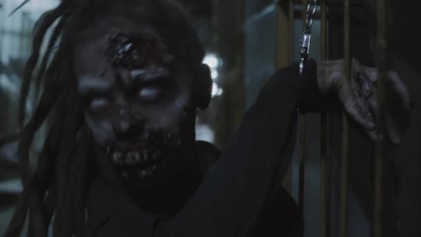 Shoulder Female Evil Zombie Captured Secured Handcuffs Twitching Creepy Basement — Vídeo de Stock