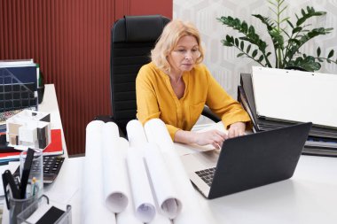 Serious mature architect sitting at table with folders and blueprints and typing on laptop, she working over new project at office