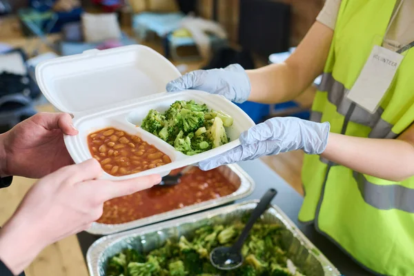 Gloved Hands Female Volunteer Passing Container Cooked Food Boy Refugee — Stock Photo, Image