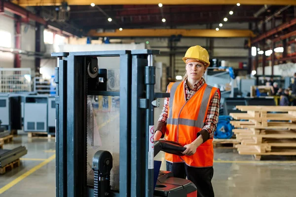 Young Confident Engineer Workwear Standing Front Forklift While Working New — Stock Photo, Image