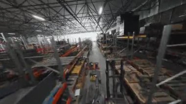 Drone tracking view of storage with heavy machinery parts in afternoon