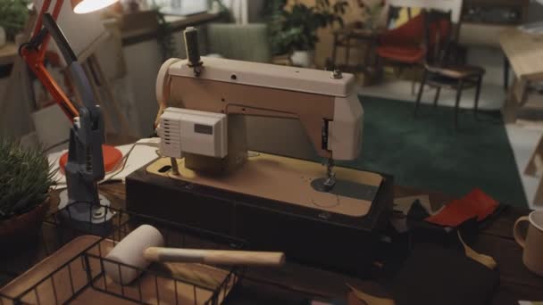 People Shot Sewing Machine Many Cloth Samples Table Bright Creative — Stockvideo