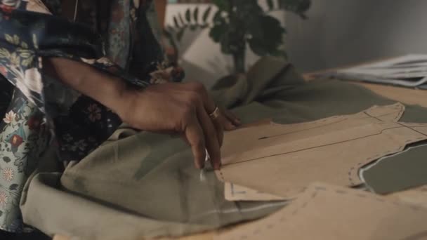 Unrecognizable Male Fashion Designer Using Chalk While Transferring Sewing Pattern — Video Stock