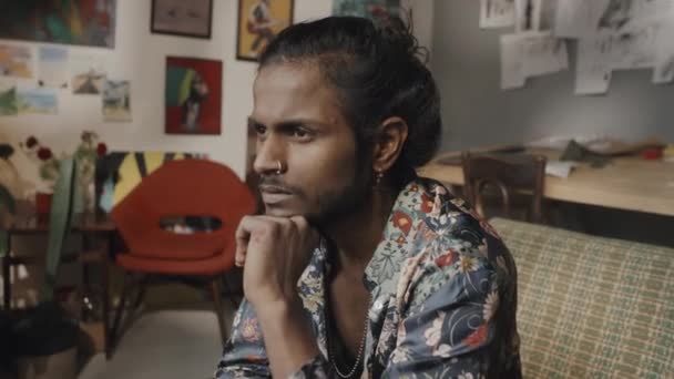 Medium Closeup Portrait Handsome Indian Designer Silk Shirt Posing Camera — Stockvideo