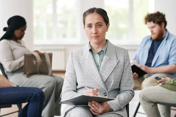 Young Confident Female Counselor Elegant Grey Suit Holding Document While — Stock Photo, Image