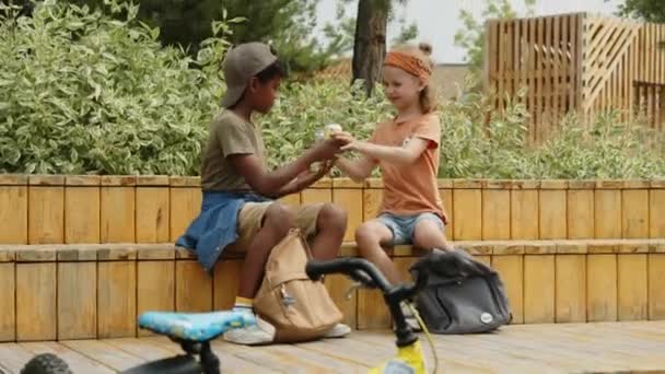 Full Shot Two Preteen Caucasian Black Boys Sitting Wooden Bench — Vídeos de Stock