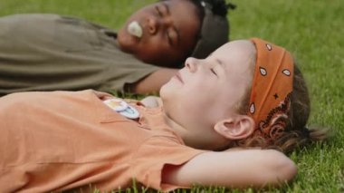 Yazın yeşil çimlerde takılan iki farklı gencin orta boy fotoğrafı. Afro-Amerikan çocuk sakız çiğniyor ve beyaz çocuk gözleri kapalı konuşuyor.