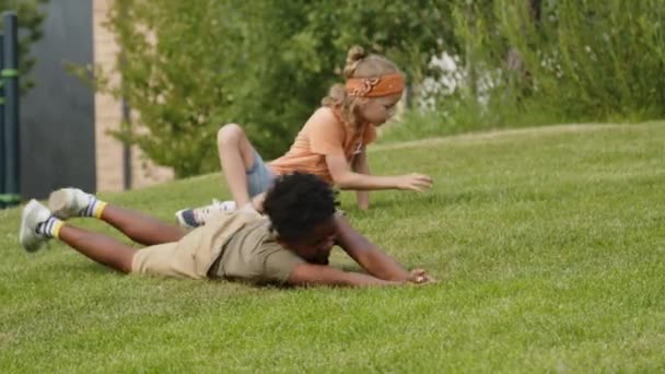 全面追踪多种族幼儿在公园里玩乐的镜头 白人女孩看着昆虫 黑人男孩在青草山下打滚大笑 — 图库视频影像
