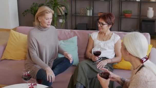 Oturma Odasındaki Kanepede Oturup Sohbet Eden Şarap Içen Olgun Kadının — Stok video