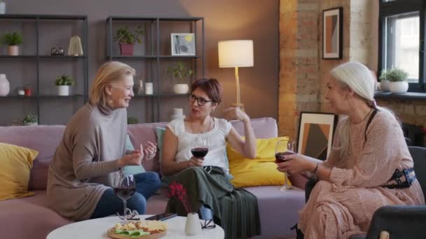 Olgun Kadının Sohbet Edip Kırmızı Şarap Içtiği Partisi Için Rahat — Stok video