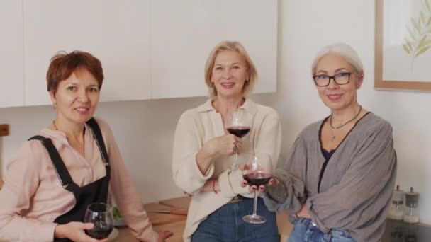 Średni Powolny Portret Trzech Uśmiechniętych Dorosłych Kobiet Pozujących Kamery Kieliszkami — Wideo stockowe