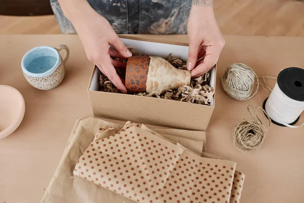 Angle Hands Craftswoman Putting Handmade Jug Vase Box While Packing — Stock Photo, Image