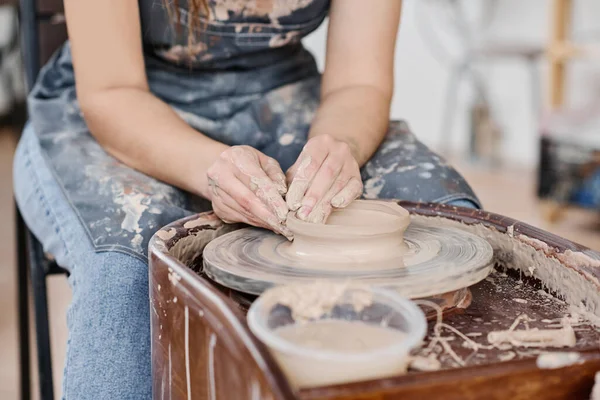 Close Young Creative Craftswoman Skilled Pottery Creating New Clay Item — Stock Photo, Image