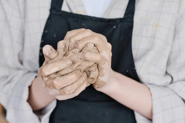 Hands Young Skilled Craftswoman Workwear Kneading Piece Clay Front Herself — Stock Photo, Image