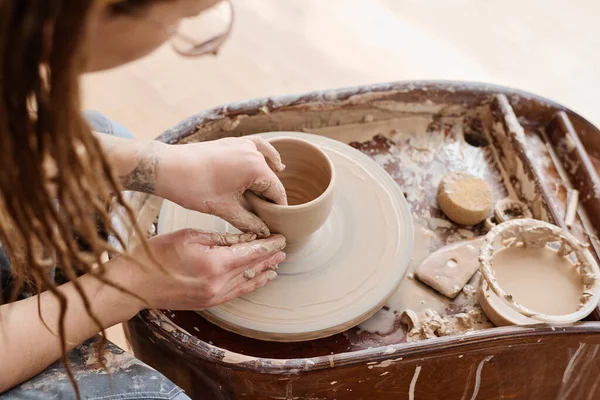 View Young Creative Female Pitcher Working New Clay Item While — Stock Photo, Image