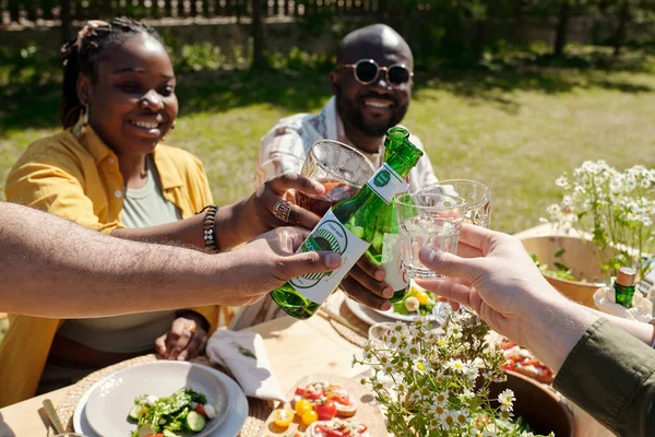 Hands Young Interracial Friends Glasses Wine Bottles Beer Toasting Picnic — Stock Photo, Image