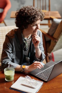 Orta yaşlı mutlu bir iş kadını ya da kafede masa başı ağ kuran serbest bir işkadını ellerini çenesinde tutup ekrandaki verilere bakıyor.