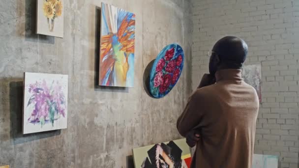 Taillierte Seitenansicht Eines Afroamerikaners Der Sich Tagsüber Gemälde Einer Kunstgalerie — Stockvideo